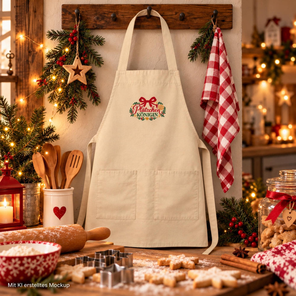 Plätzchen Königin Schürze bestickt | Weihnachtsschürze aus Bio Baumwolle | Backschürze Damen | Geschenk für Hobbybäckerin
