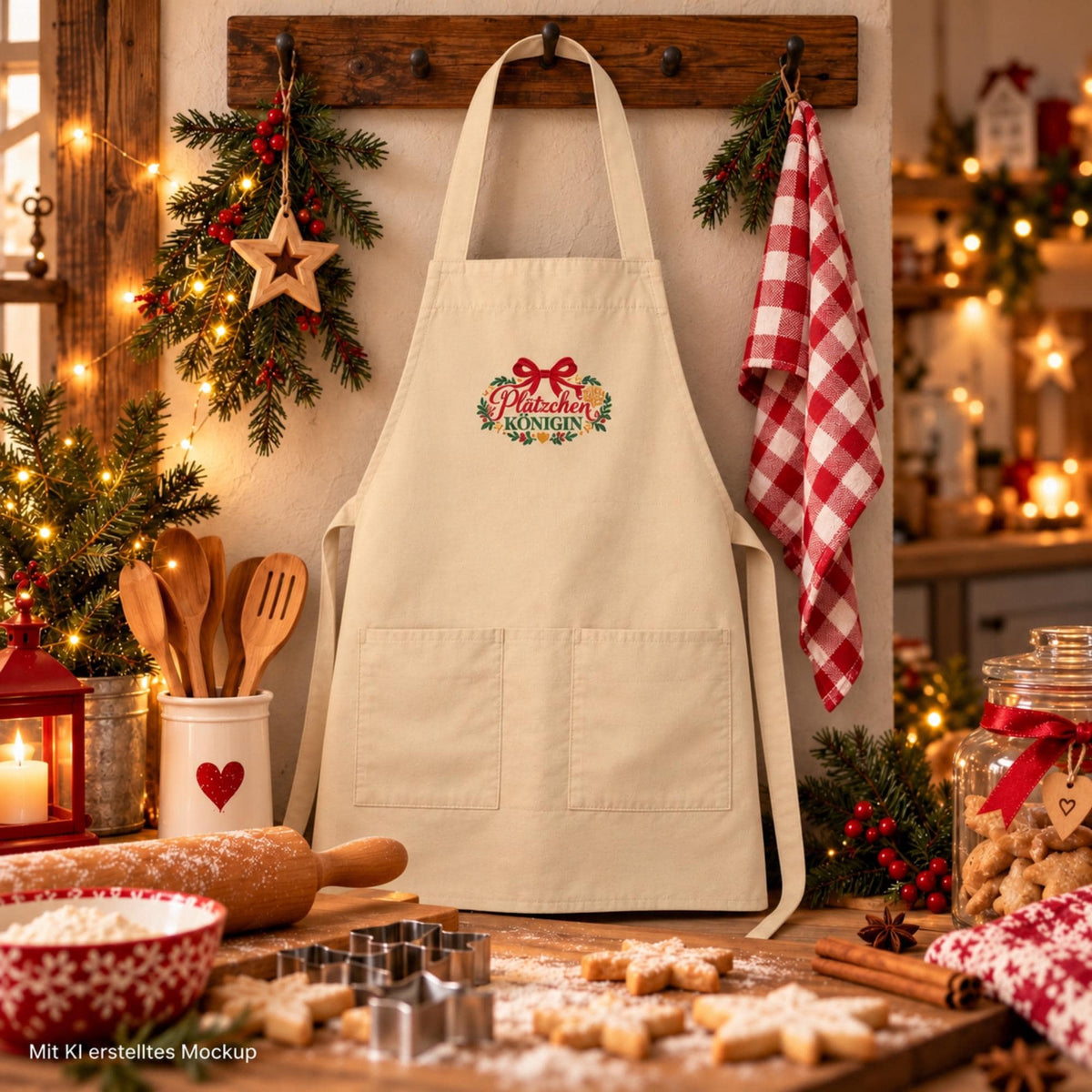 Plätzchen Königin Schürze bestickt | Weihnachtsschürze aus Bio Baumwolle | Backschürze Damen | Geschenk für Hobbybäckerin