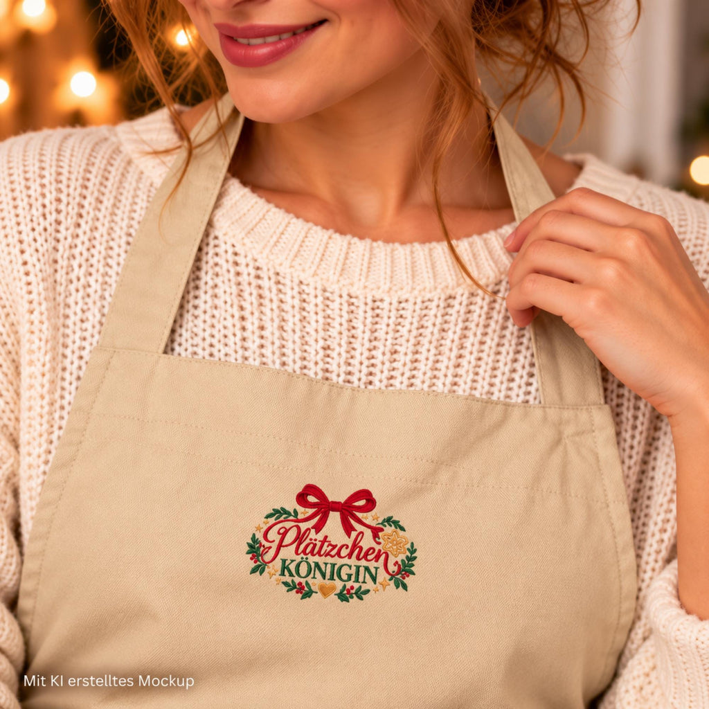 Plätzchen Königin Schürze bestickt | Weihnachtsschürze aus Bio Baumwolle | Backschürze Damen | Geschenk für Hobbybäckerin