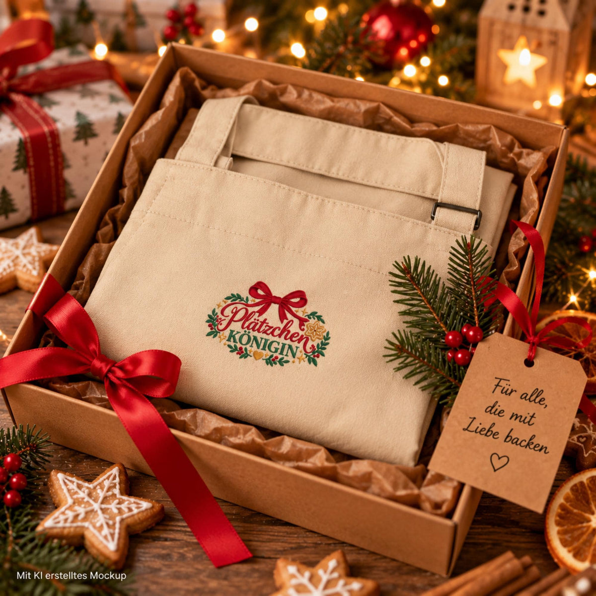 Plätzchen Königin Schürze bestickt | Weihnachtsschürze aus Bio Baumwolle | Backschürze Damen | Geschenk für Hobbybäckerin