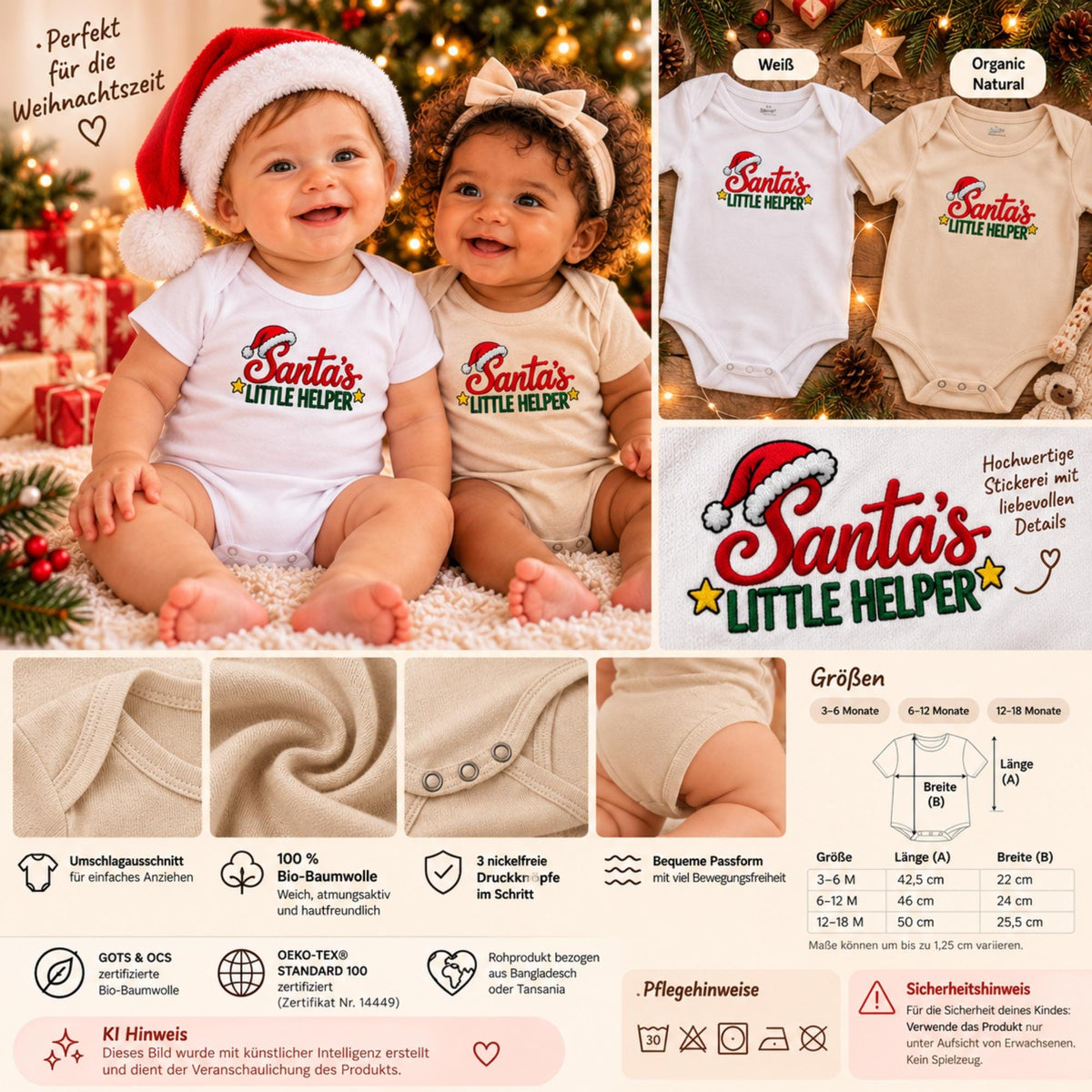 Santa's Little Helper Babybody bestickt | Weihnachtsbody aus Bio Baumwolle | Baby Weihnachten | Geschenk zur ersten Weihnacht