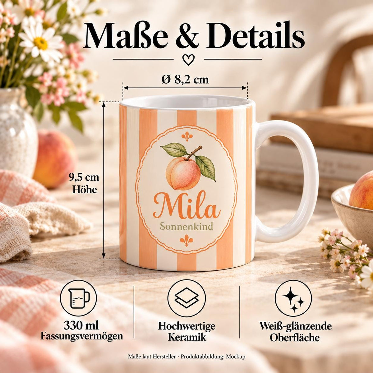 Personalisierte Tasse mit Name & Wunschtext – Apricot Streifen mit Pfirsich, Keramiktasse Sonnenkind
