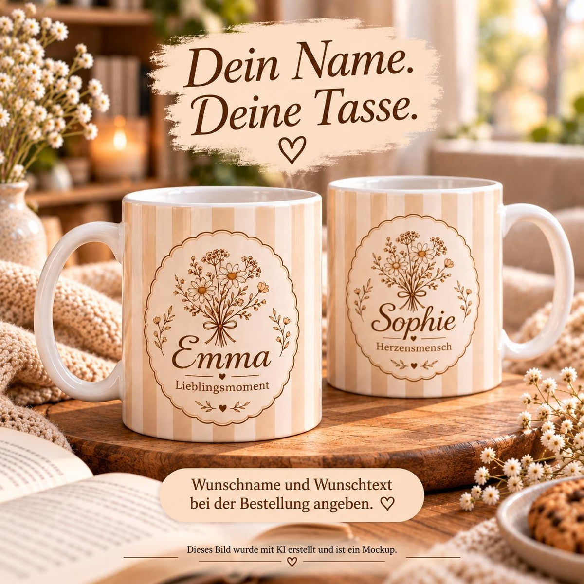 Personalisierte Tasse mit Name & Wunschtext – Streifen beige  mit Pfirsich, Keramiktasse Lieblingsmoment