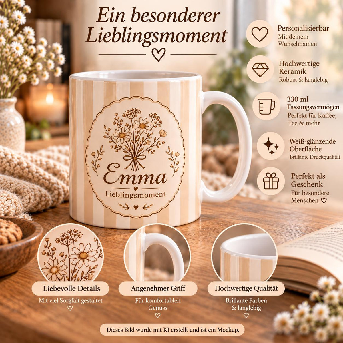 Personalisierte Tasse mit Name & Wunschtext – Streifen beige  mit Pfirsich, Keramiktasse Lieblingsmoment