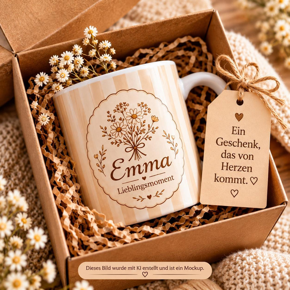 Personalisierte Tasse mit Name & Wunschtext – Streifen beige  mit Pfirsich, Keramiktasse Lieblingsmoment