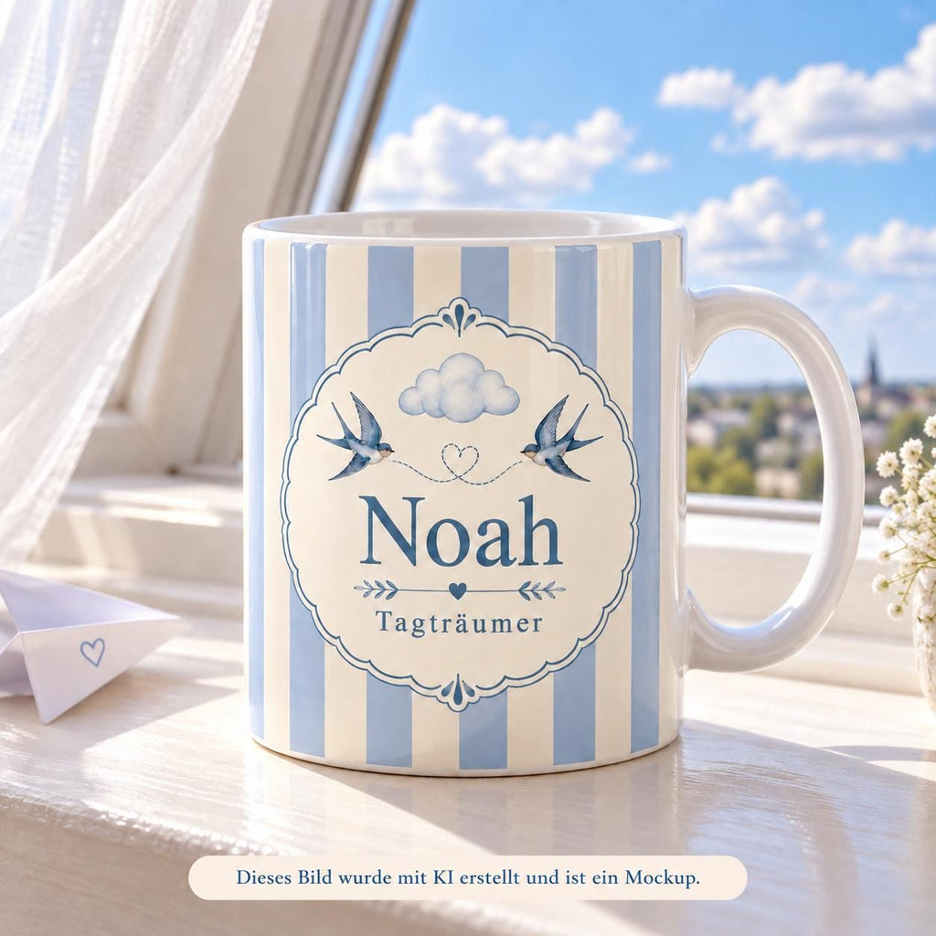 Personalisierte Tasse mit Name & Wunschtext – Hellblaue Streifen mit Wolke, Herz, Vögel, Keramiktasse Tagträumer