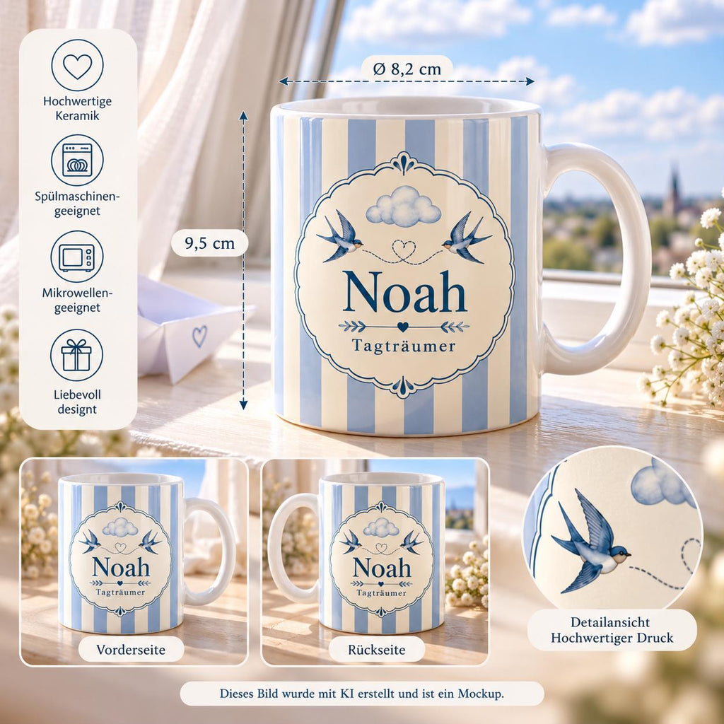 Personalisierte Tasse mit Name & Wunschtext – Hellblaue Streifen mit Wolke, Herz, Vögel, Keramiktasse Tagträumer