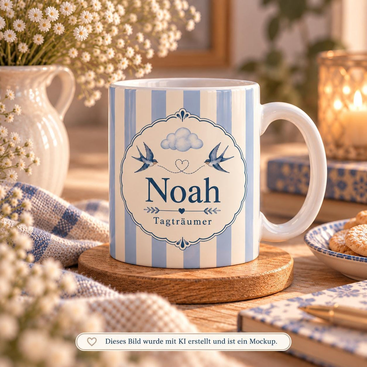 Personalisierte Tasse mit Name & Wunschtext – Hellblaue Streifen mit Wolke, Herz, Vögel, Keramiktasse Tagträumer