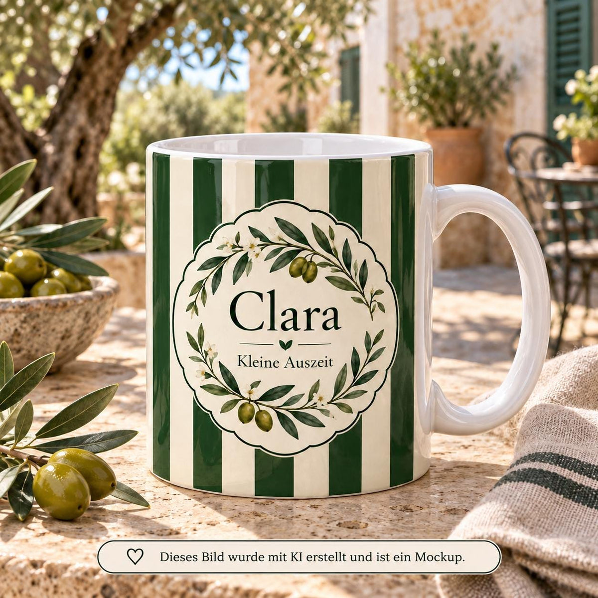 Personalisierte Tasse mit Name & Wunschtext – Dunkelgrüne Streifen mit Oliven, Keramiktasse Kleine Auszeit