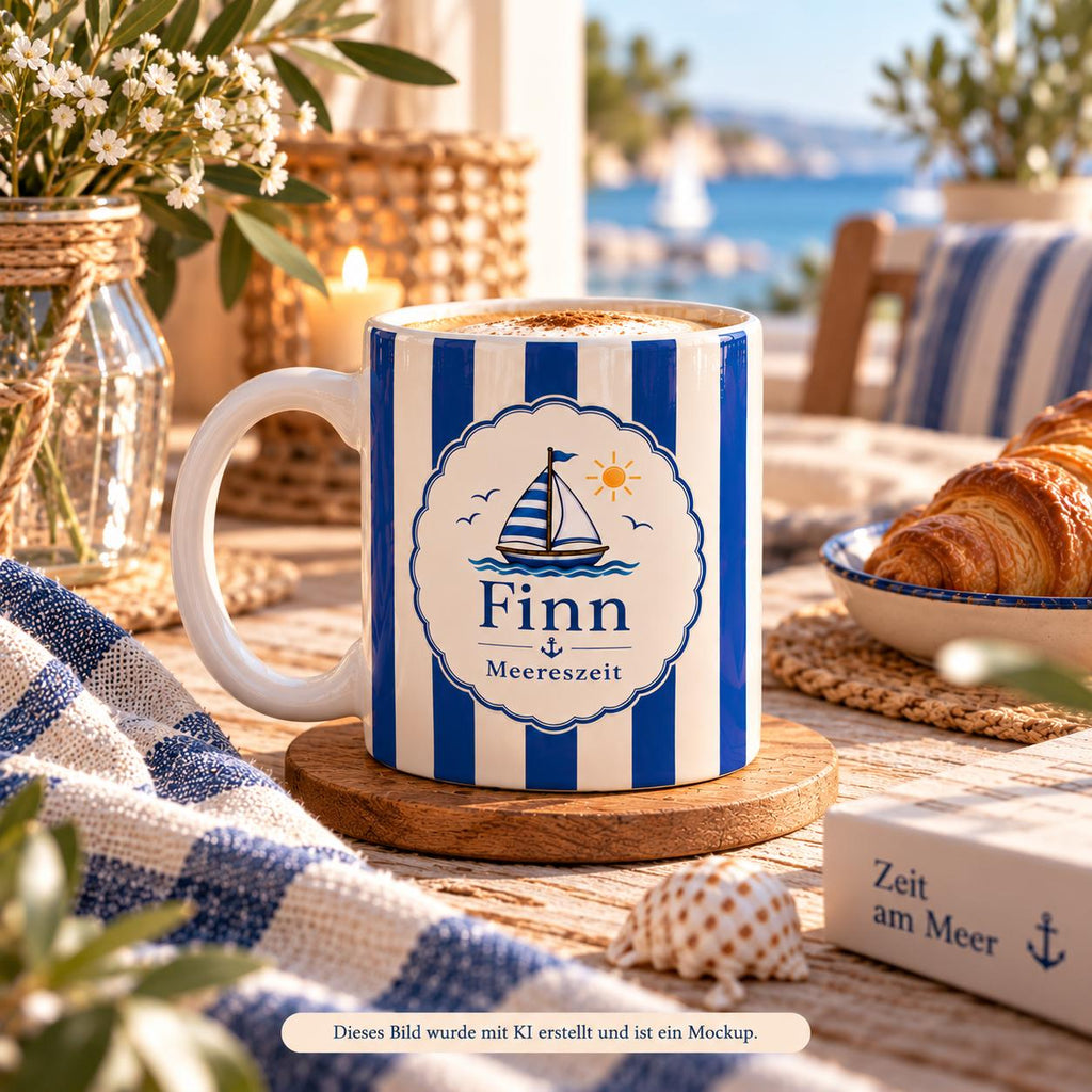 Personalisierte Tasse mit Name & Wunschtext – Blaue Streifen mit Segelboot, Keramiktasse Meereszeit
