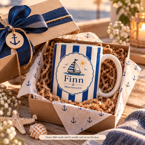Personalisierte Tasse mit Name & Wunschtext – Blaue Streifen mit Segelboot, Keramiktasse Meereszeit