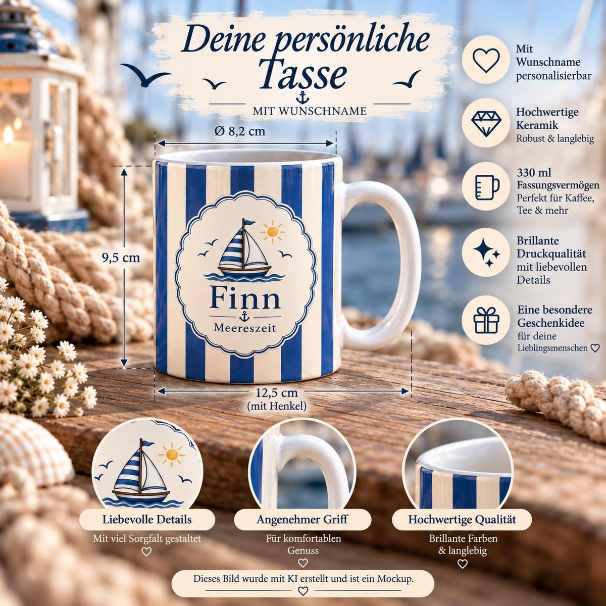 Personalisierte Tasse mit Name & Wunschtext – Blaue Streifen mit Segelboot, Keramiktasse Meereszeit