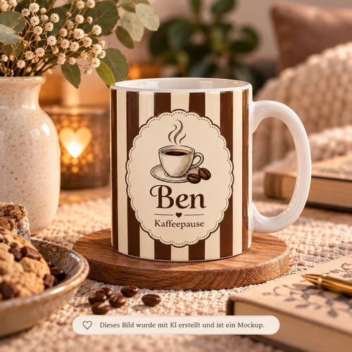 Personalisierte Tasse mit Name & Wunschtext – Braune Streifen mit Kaffeemotiv, Keramiktasse Kaffeepause