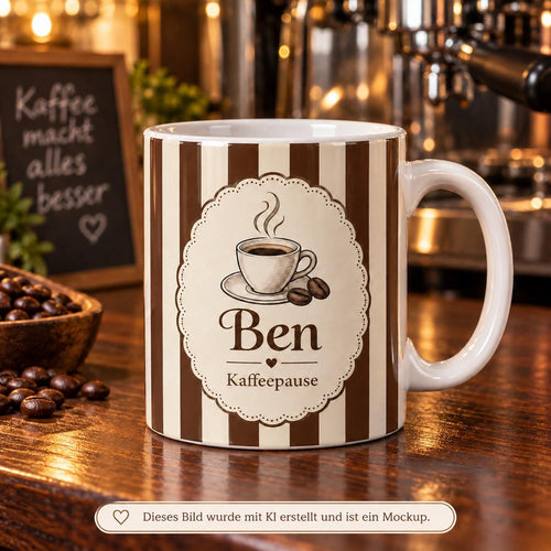 Personalisierte Tasse mit Name & Wunschtext – Braune Streifen mit Kaffeemotiv, Keramiktasse Kaffeepause