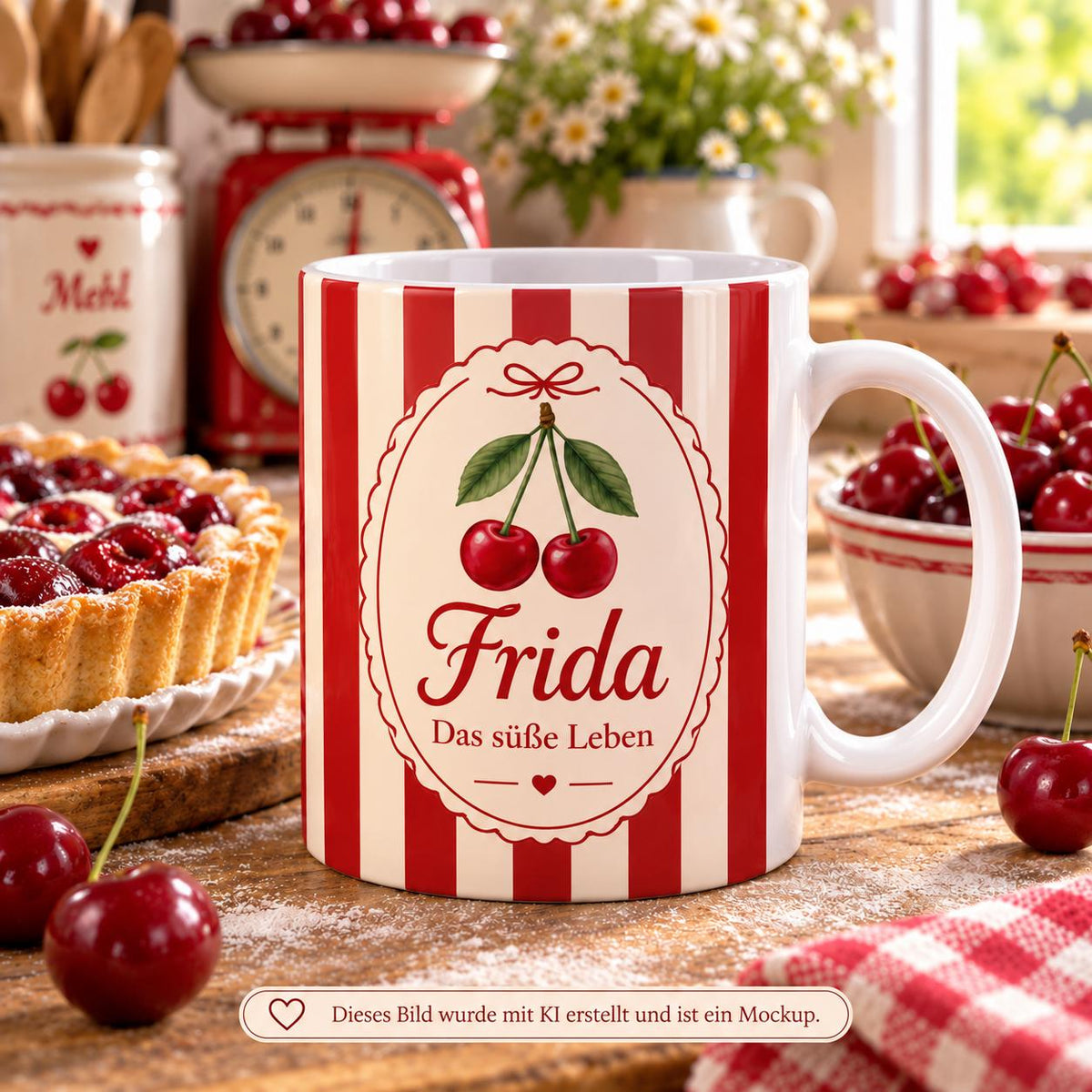 Personalisierte Tasse mit Name & Wunschtext – Rot mit Kirschen, Keramiktasse Das süße Leben