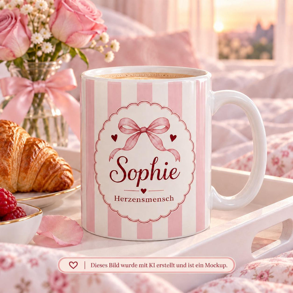 Personalisierte Tasse mit Name & Wunschtext – Pastellrosa mit Schleife und Herzen, Keramiktasse Herzensmensch