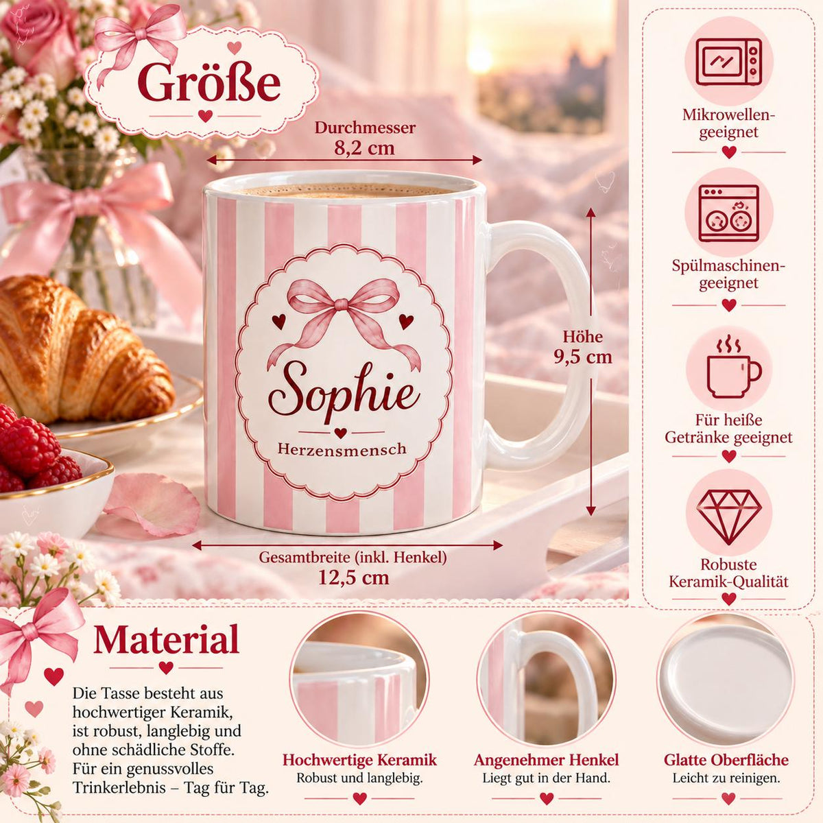 Personalisierte Tasse mit Name & Wunschtext – Pastellrosa mit Schleife und Herzen, Keramiktasse Herzensmensch