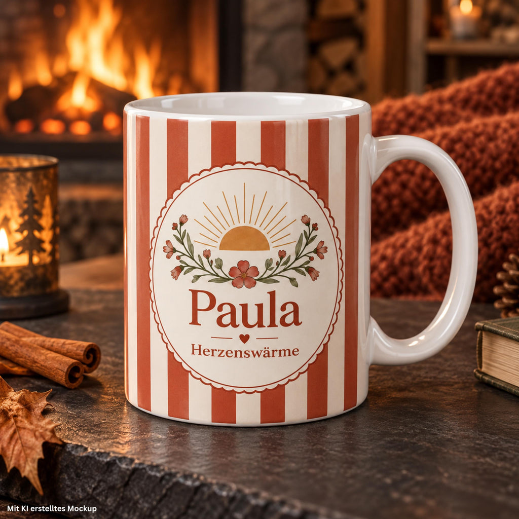 Personalisierte Tasse mit Name & Wunschtext – Kupferrot mit Sonnenmotiv, Keramiktasse Herzenswärme
