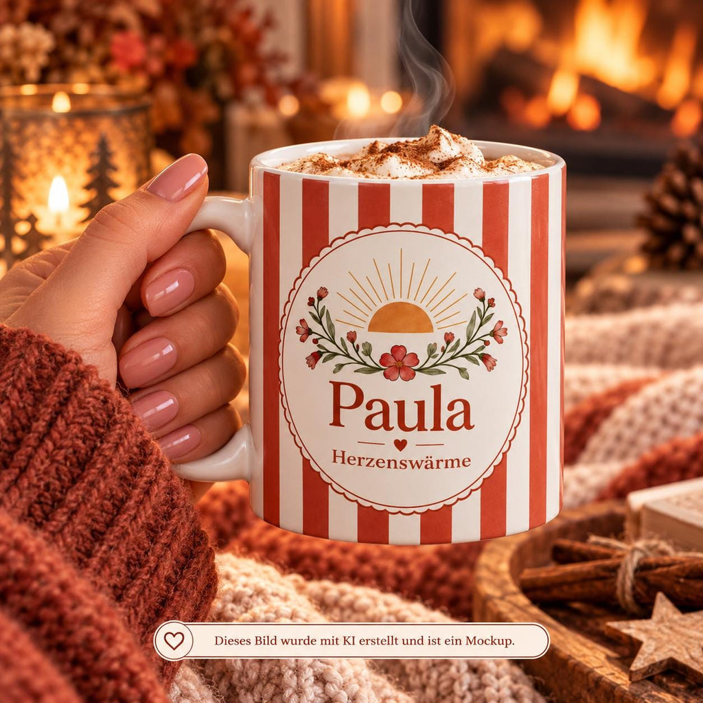 Personalisierte Tasse mit Name & Wunschtext – Kupferrot mit Sonnenmotiv, Keramiktasse Herzenswärme