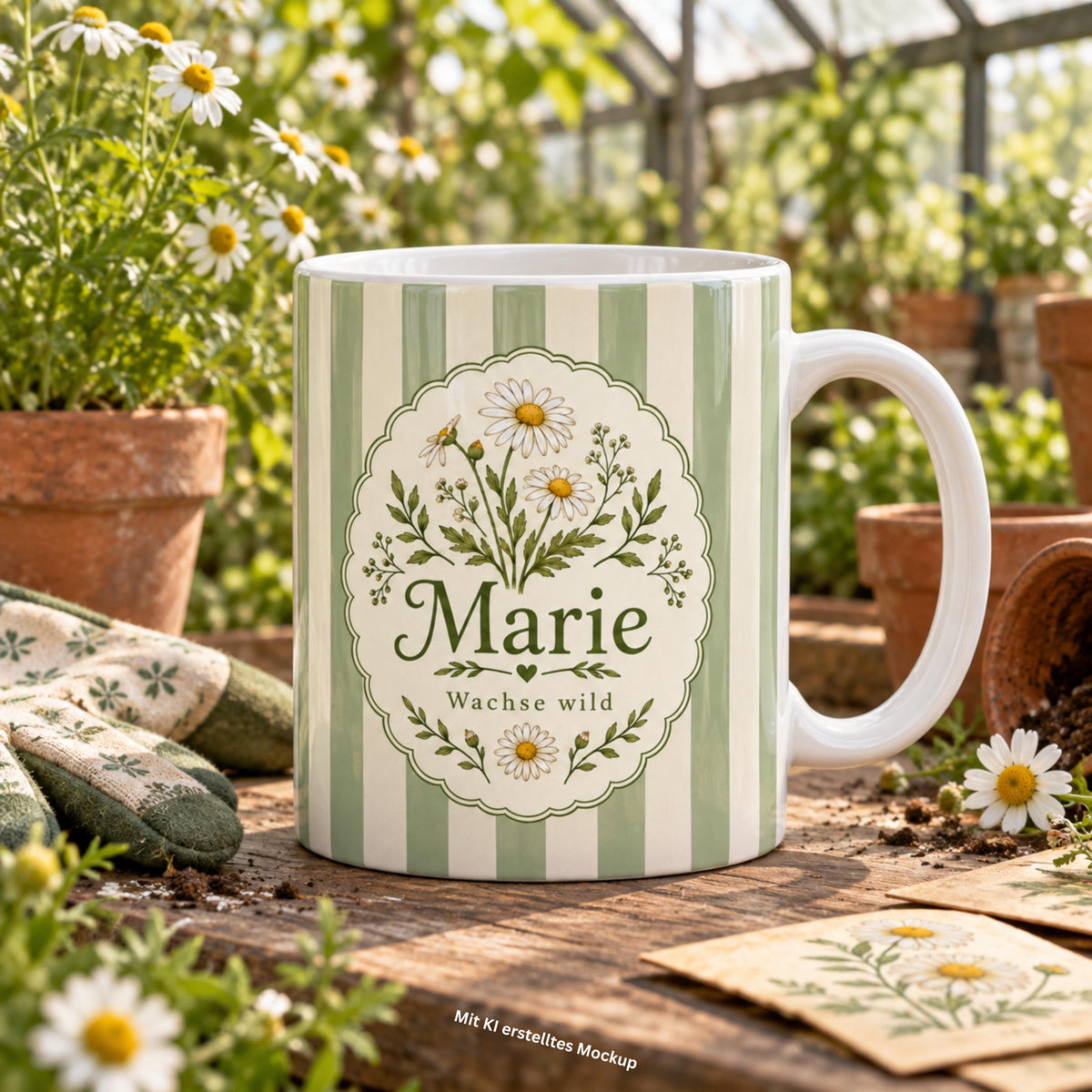 Personalisierte Tasse mit Name & Wunschtext – Pastellgrün mit Kamille, Keramiktasse Wachse wild