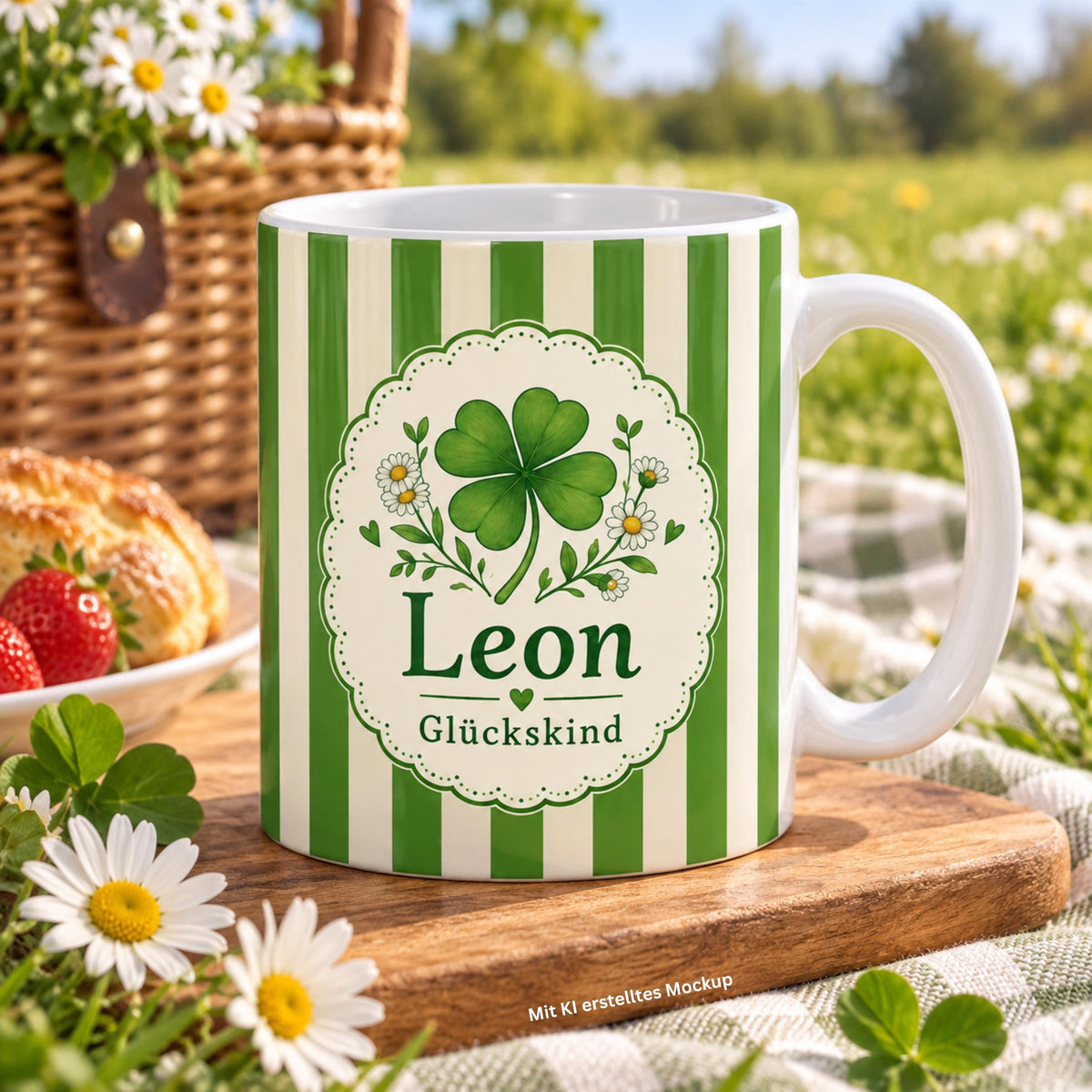 Personalisierte Tasse mit Name & Wunschtext – Grün mit Kleeblättern, Keramiktasse Glückskind