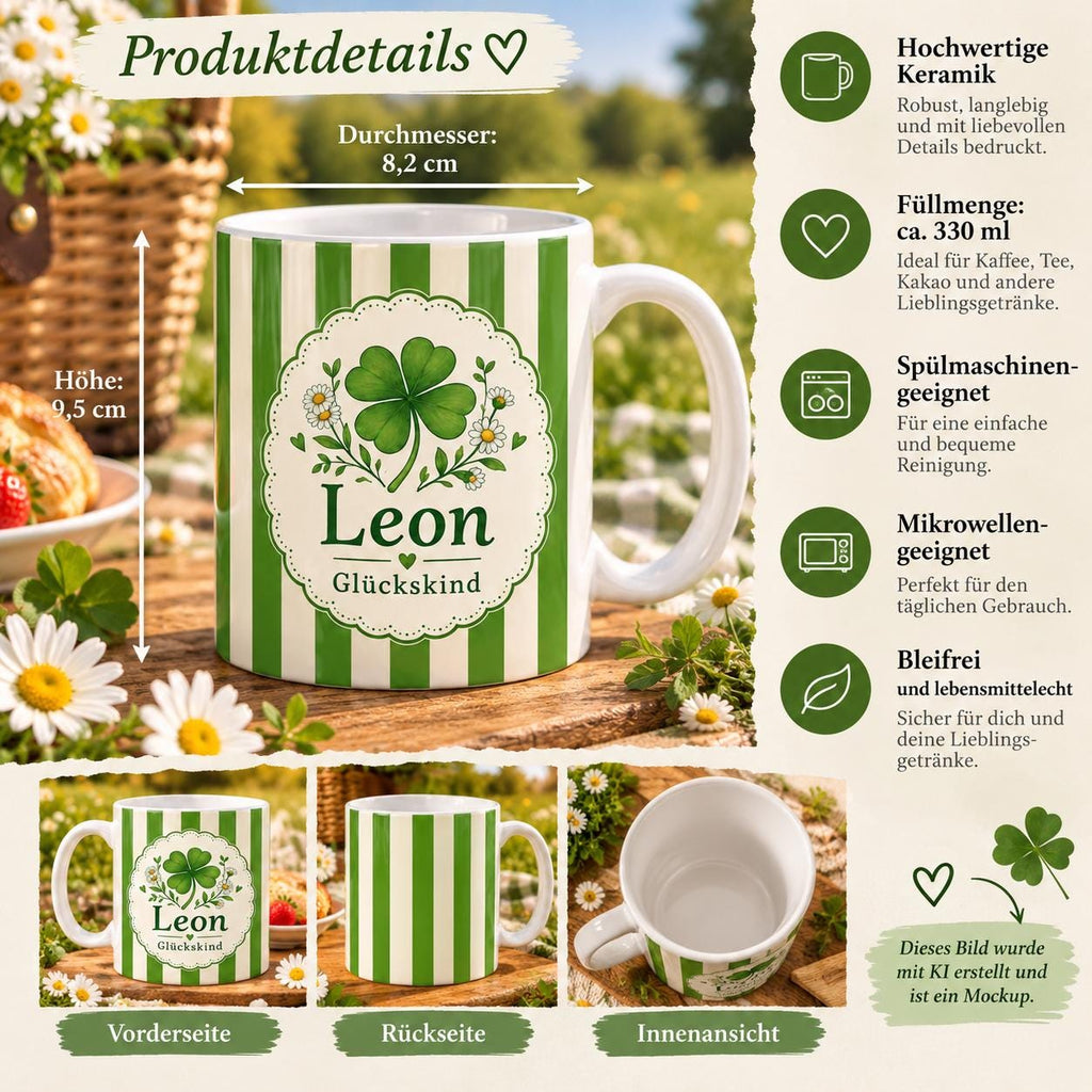 Personalisierte Tasse mit Name & Wunschtext – Grün mit Kleeblättern, Keramiktasse Glückskind