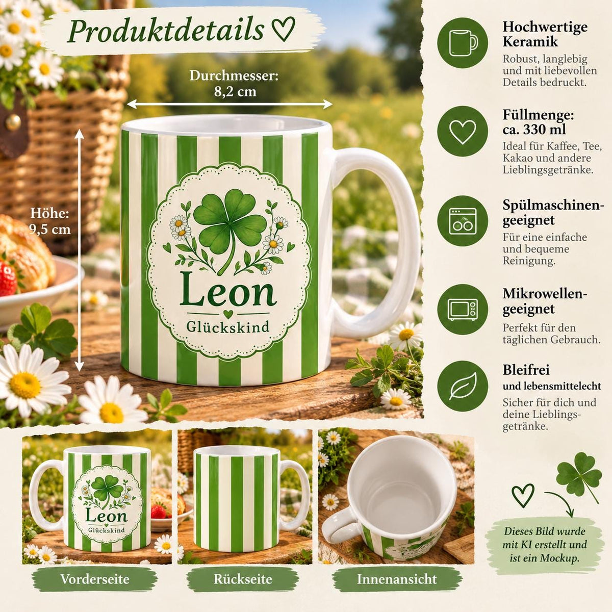 Personalisierte Tasse mit Name & Wunschtext – Grün mit Kleeblättern, Keramiktasse Glückskind