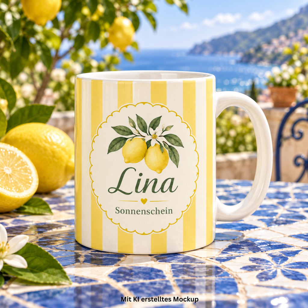Personalisierte Tasse mit Name & Wunschtext – Pastellgelb mit Zitronen, Keramiktasse Sonnenschein