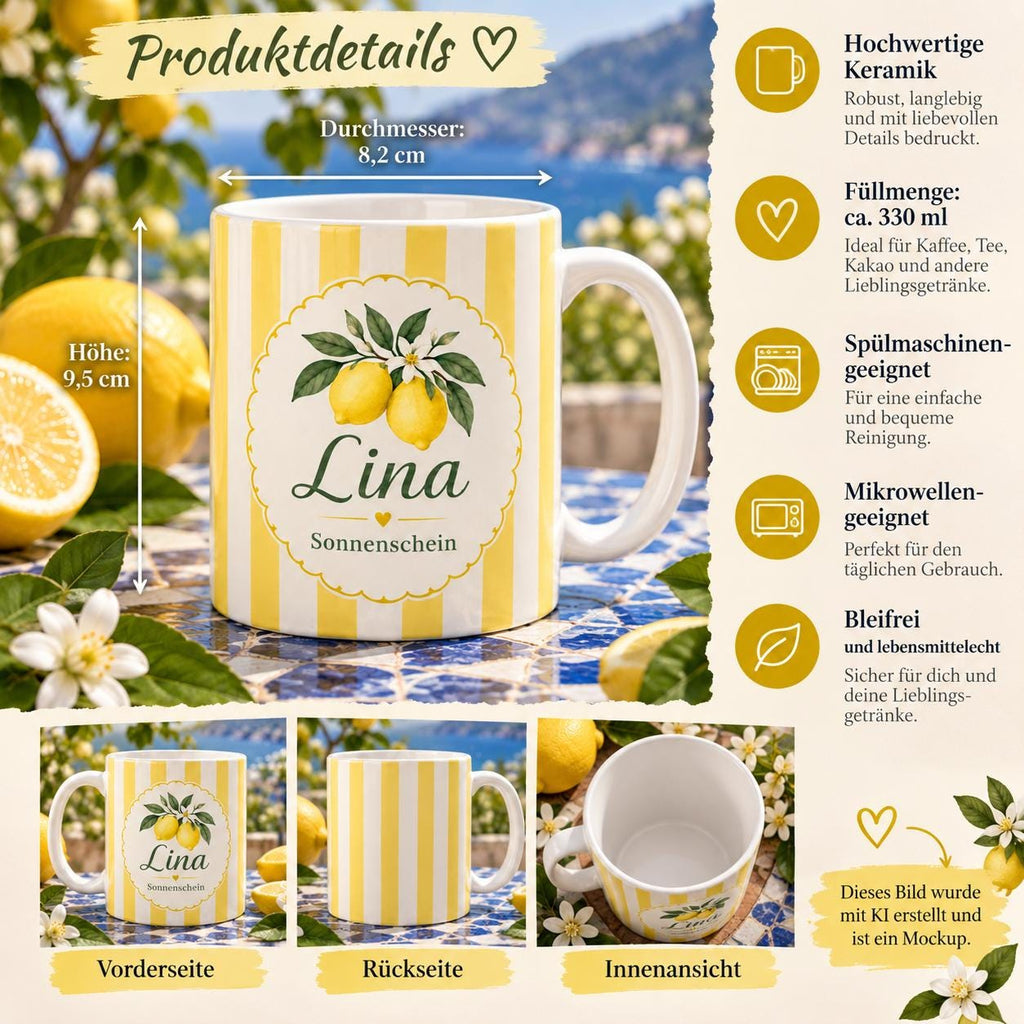 Personalisierte Tasse mit Name & Wunschtext – Pastellgelb mit Zitronen, Keramiktasse Sonnenschein