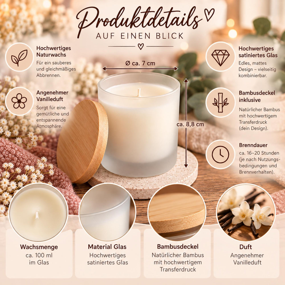 Duftkerze für Mama im Glas mit Vanilleduft, Naturwachs und Bambusdeckel. Ein besonderes Geschenk von Herzen.
