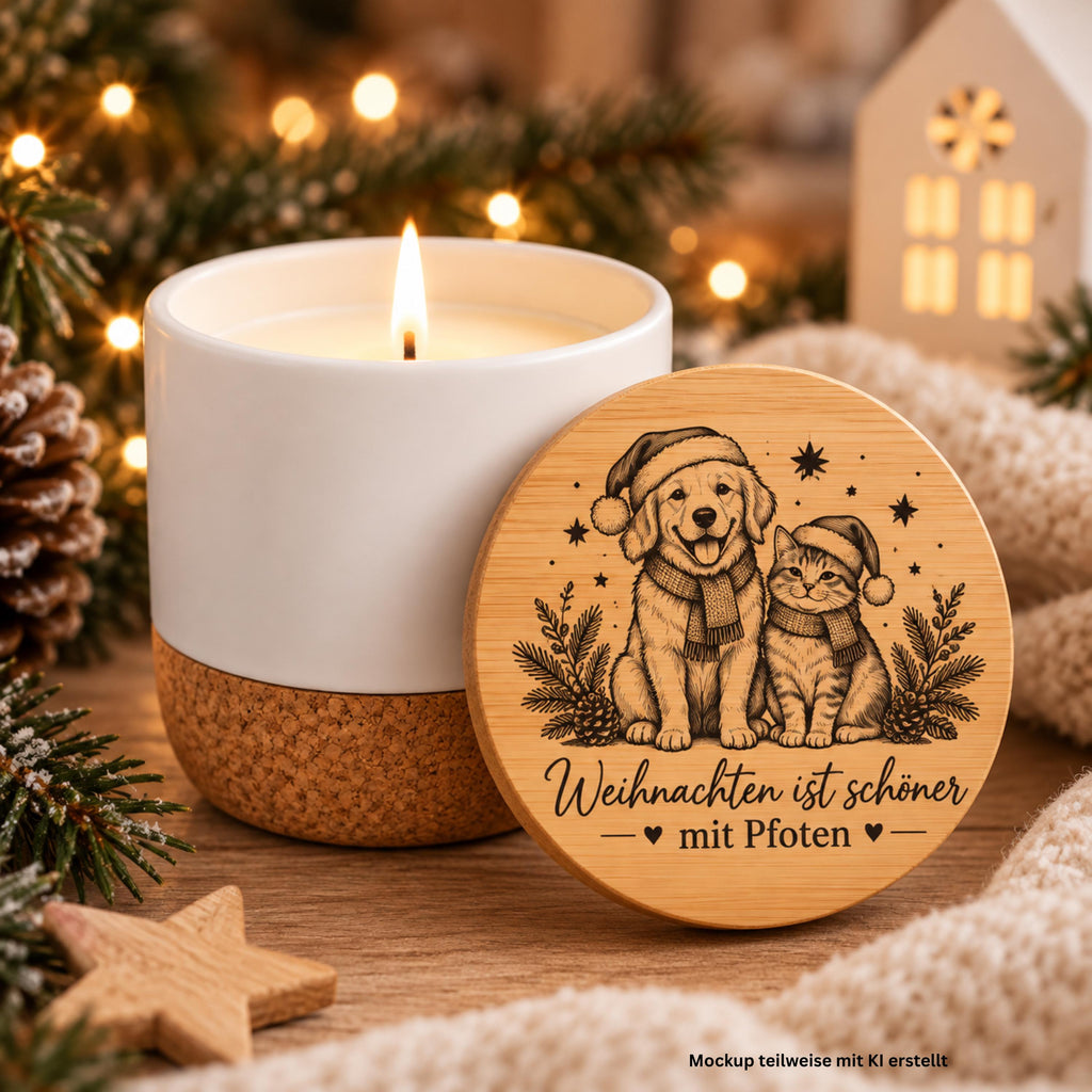 Weihnachtskerze für Hundeliebhaber & Katzenfreunde – Duftkerze in Keramik mit Bambusdeckel  – Geschenk für Tierbesitzer