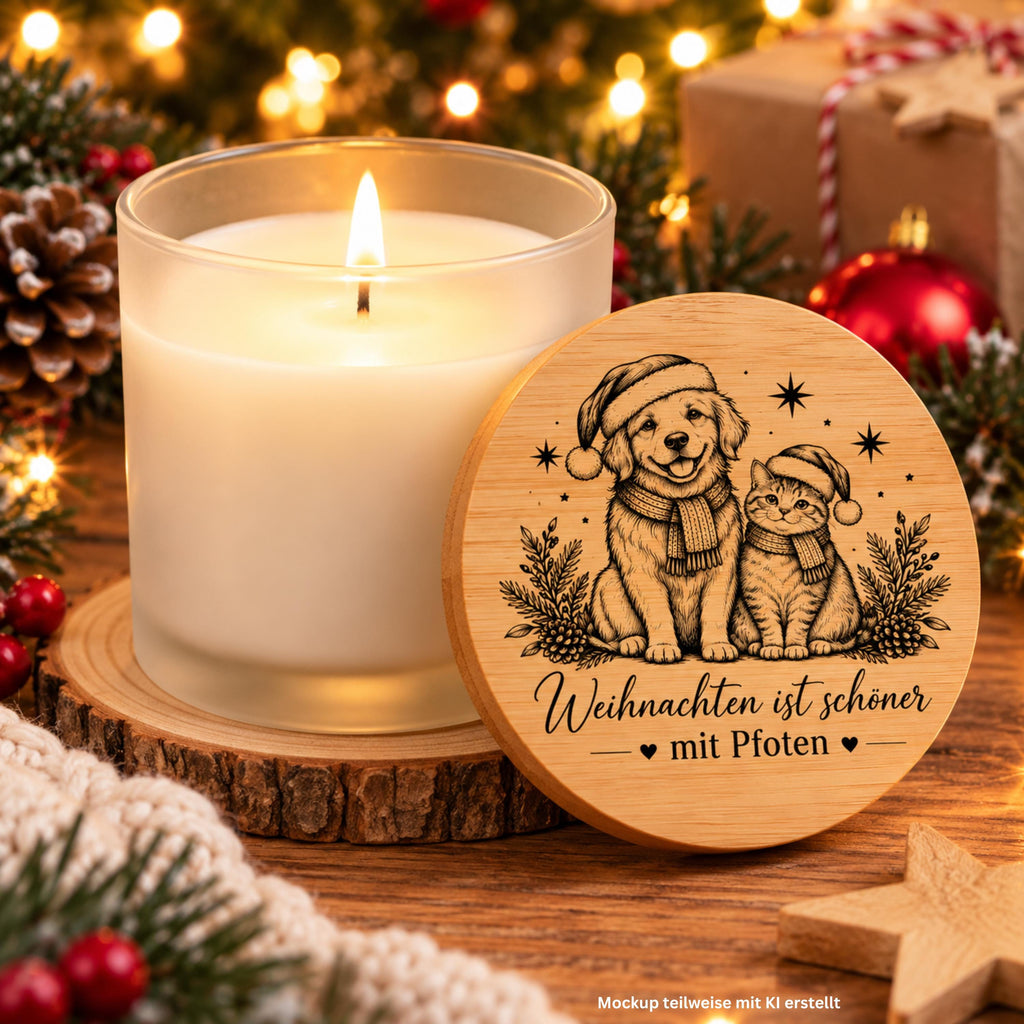 Weihnachtskerze für Hundeliebhaber & Katzenfreunde – Duftkerze im satinierten Glas mit Bambusdeckel – Geschenk für Tierbesitzer