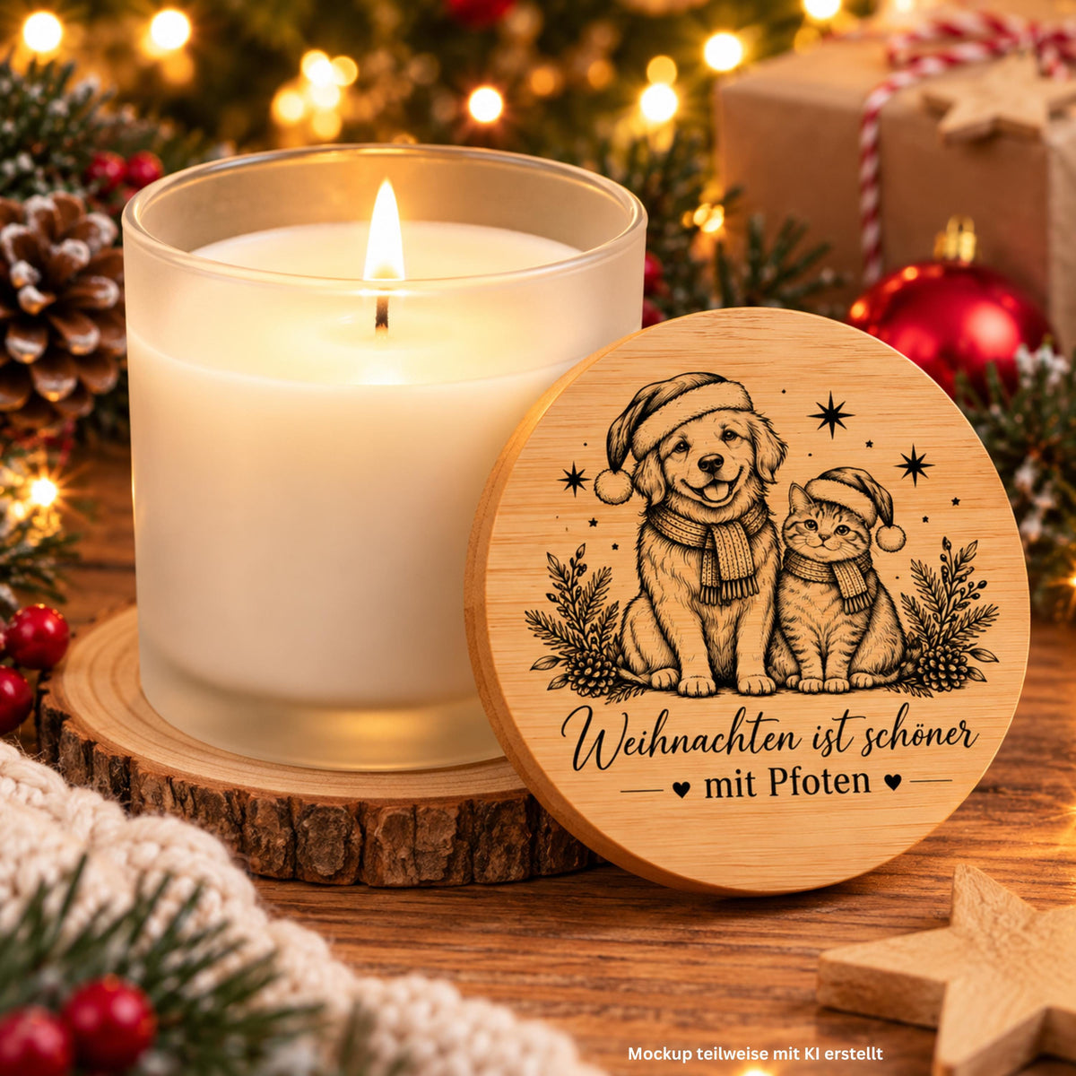 Weihnachtskerze für Hundeliebhaber & Katzenfreunde – Duftkerze im satinierten Glas mit Bambusdeckel – Geschenk für Tierbesitzer