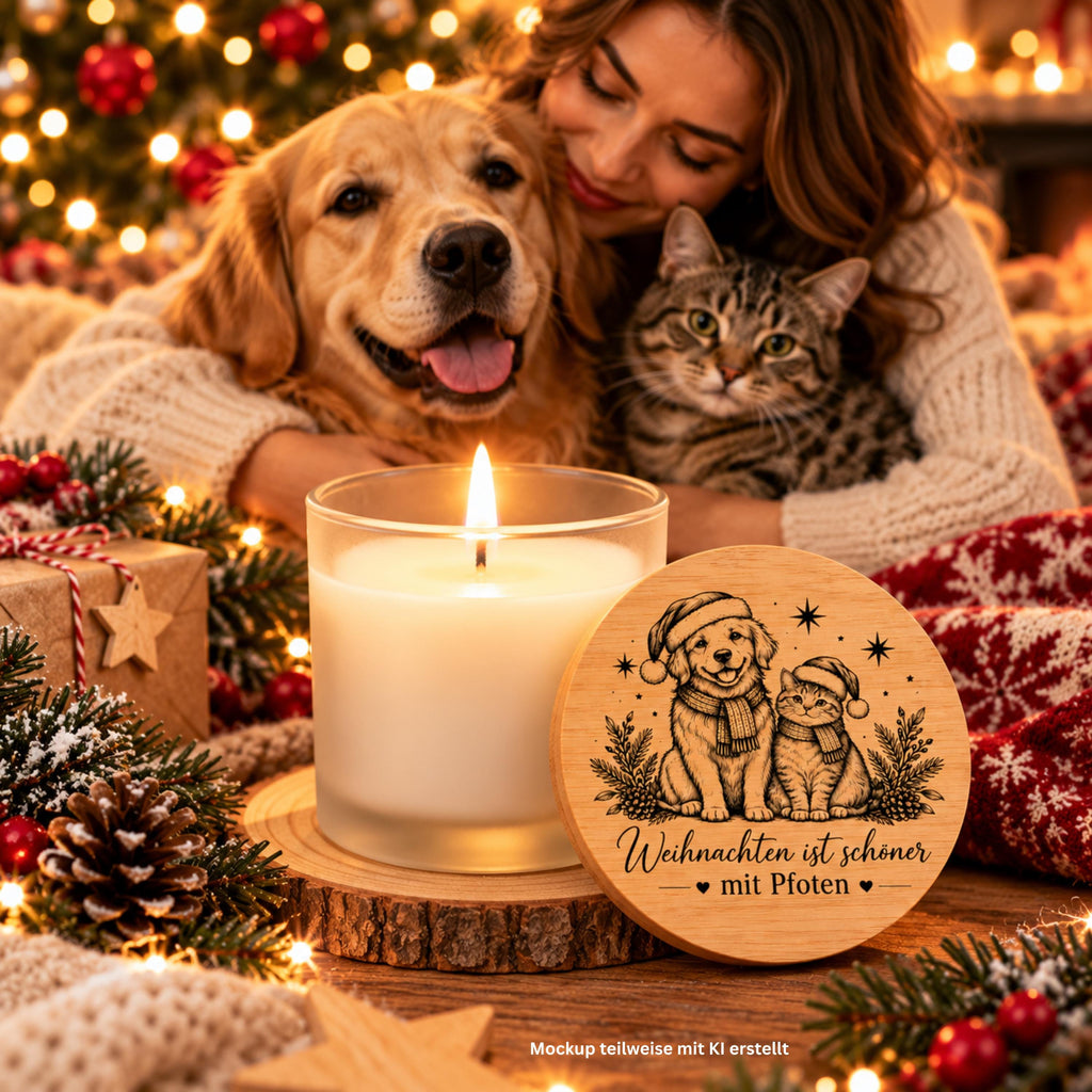 Weihnachtskerze für Hundeliebhaber & Katzenfreunde – Duftkerze im satinierten Glas mit Bambusdeckel – Geschenk für Tierbesitzer