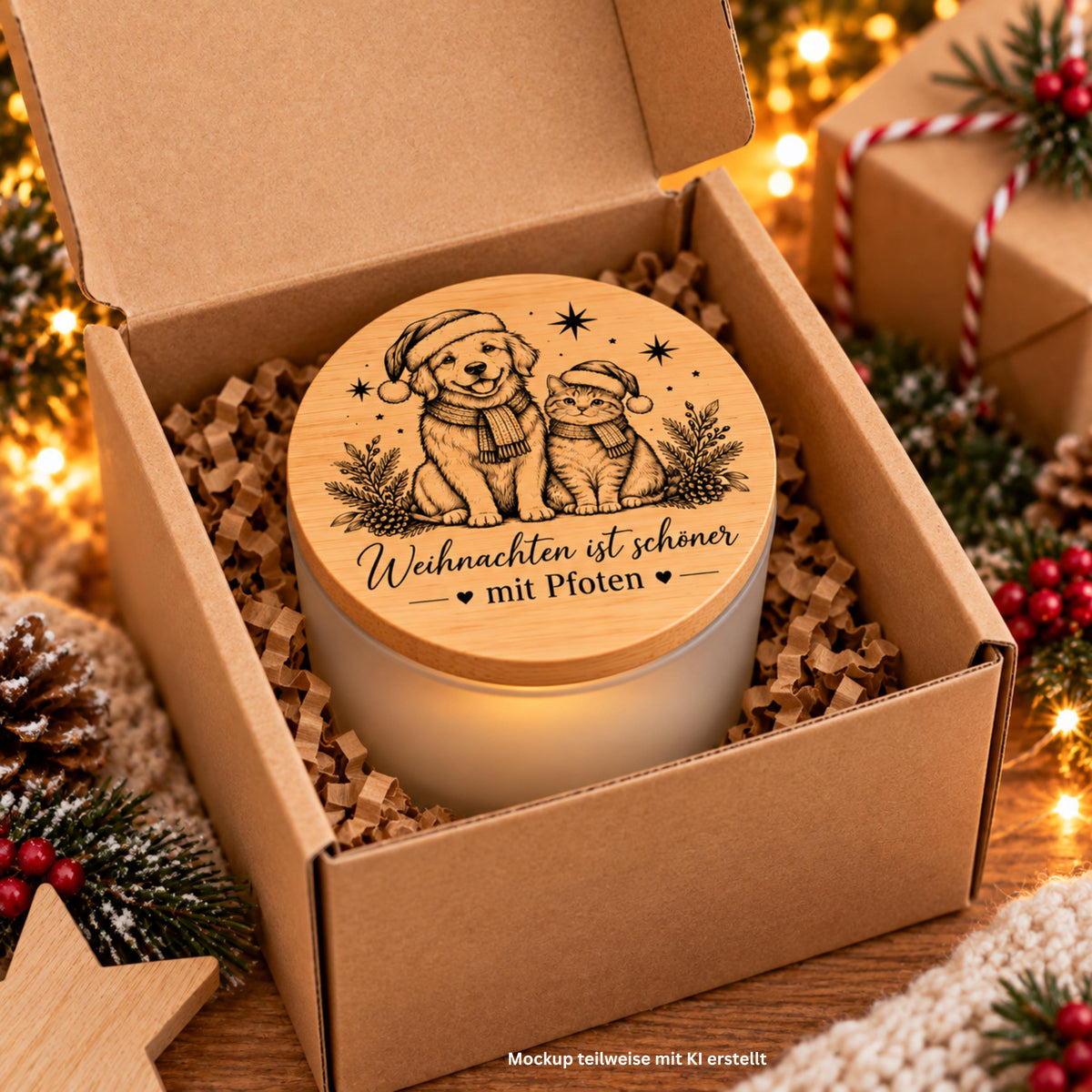 Weihnachtskerze für Hundeliebhaber & Katzenfreunde – Duftkerze im satinierten Glas mit Bambusdeckel – Geschenk für Tierbesitzer