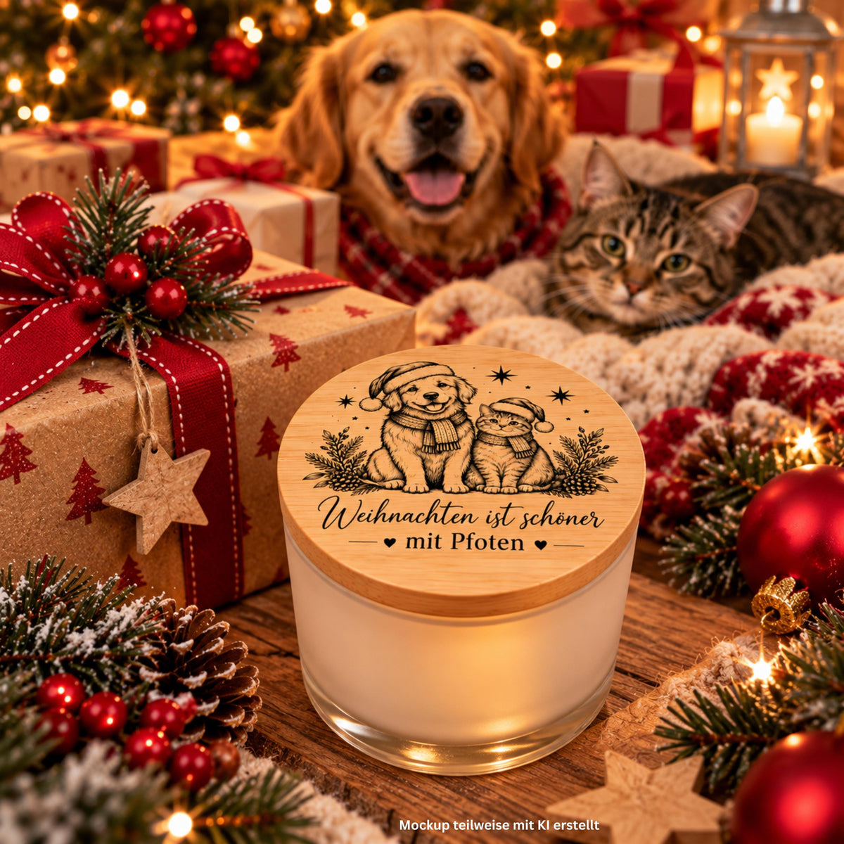 Weihnachtskerze für Hundeliebhaber & Katzenfreunde – Duftkerze im satinierten Glas mit Bambusdeckel – Geschenk für Tierbesitzer