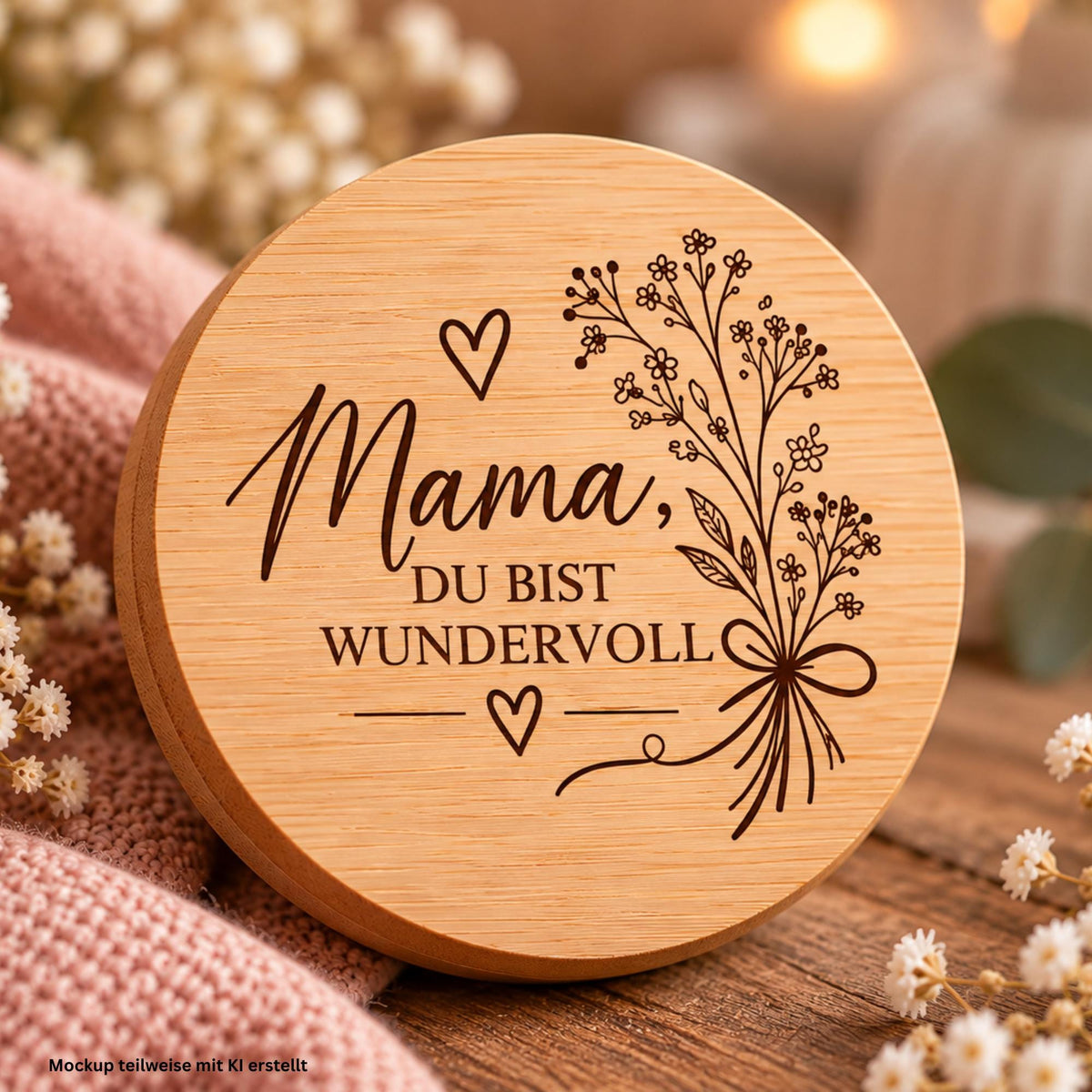 Duftkerze für Mama im Glas mit Vanilleduft, Naturwachs und Bambusdeckel. Ein besonderes Geschenk von Herzen.