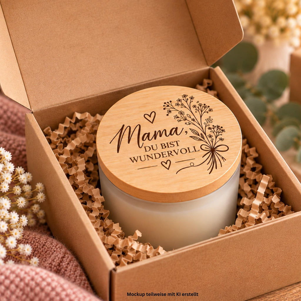 Duftkerze für Mama im Glas mit Vanilleduft, Naturwachs und Bambusdeckel. Ein besonderes Geschenk von Herzen.