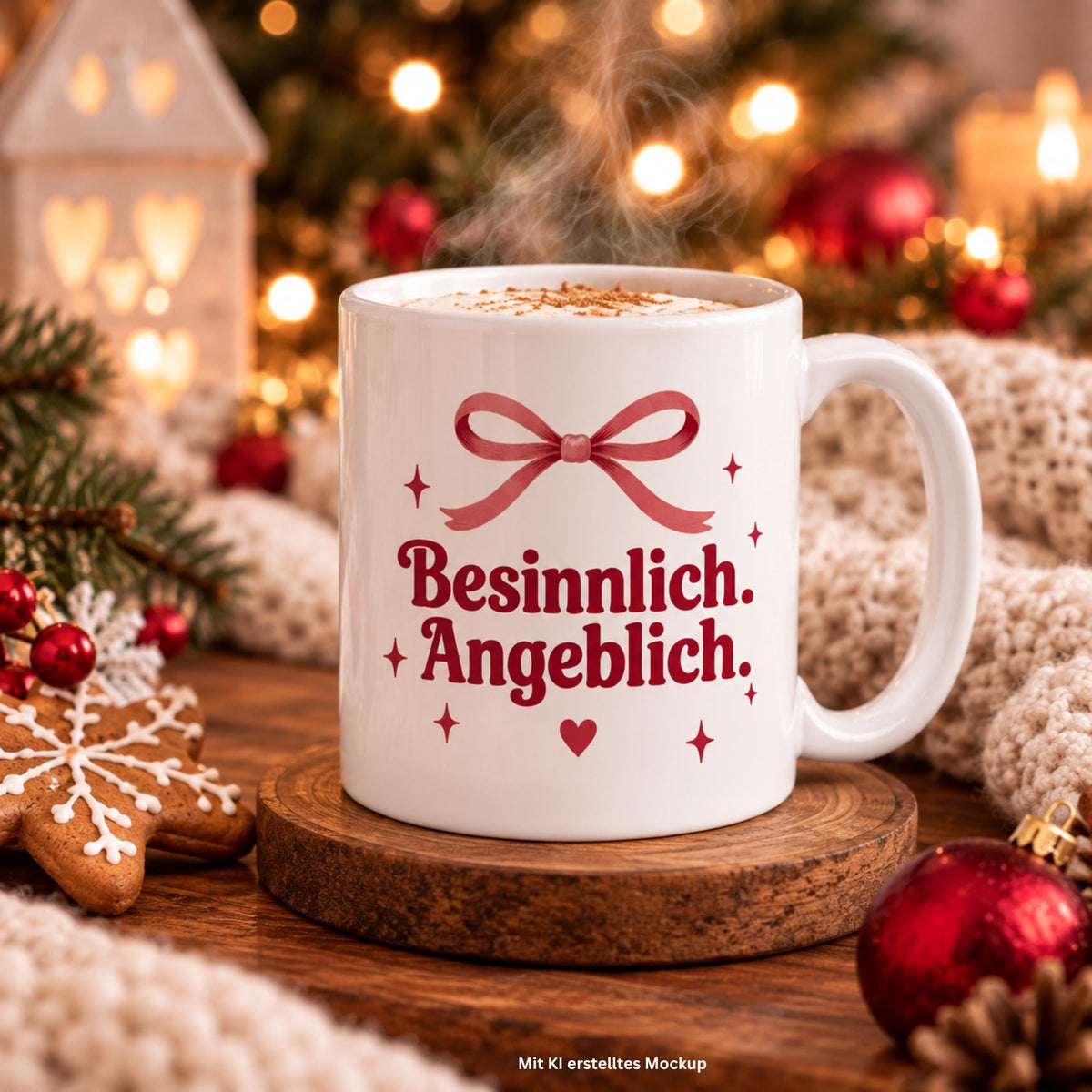 Tasse mit Spruch „Besinnlich. Angeblich.“ – Lustige Weihnachtstasse, Weihnachtsgeschenk, Kaffeetasse 330 ml