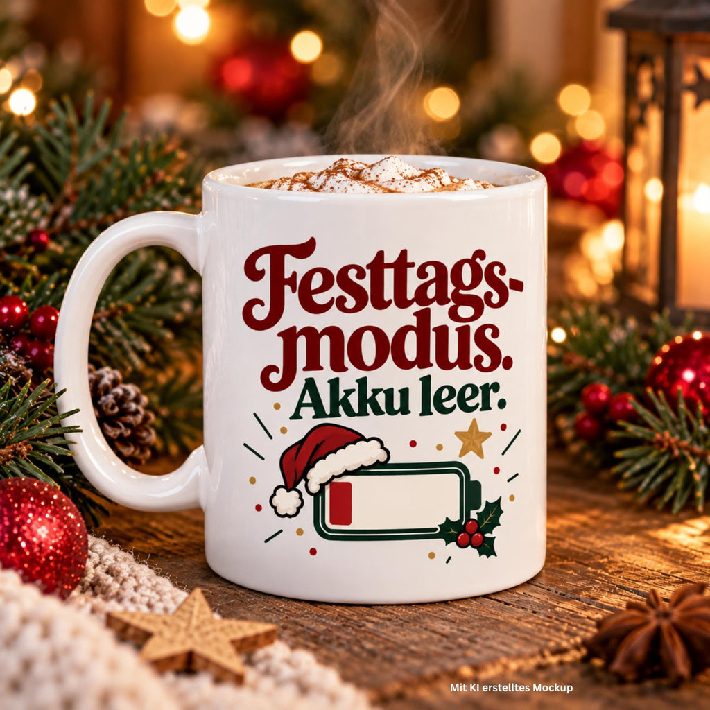 Lustige Weihnachtstasse „Festtagsmodus. Akku leer.“ – Tasse mit Spruch, Weihnachtsgeschenk, Wichtelgeschenk, Kaffeetasse 330 ml