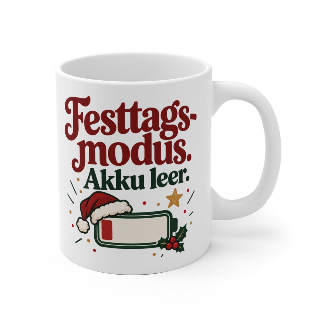 Lustige Weihnachtstasse „Festtagsmodus. Akku leer.“ – Tasse mit Spruch, Weihnachtsgeschenk, Wichtelgeschenk, Kaffeetasse 330 ml