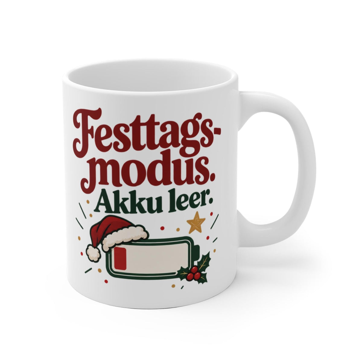 Lustige Weihnachtstasse „Festtagsmodus. Akku leer.“ – Tasse mit Spruch, Weihnachtsgeschenk, Wichtelgeschenk, Kaffeetasse 330 ml