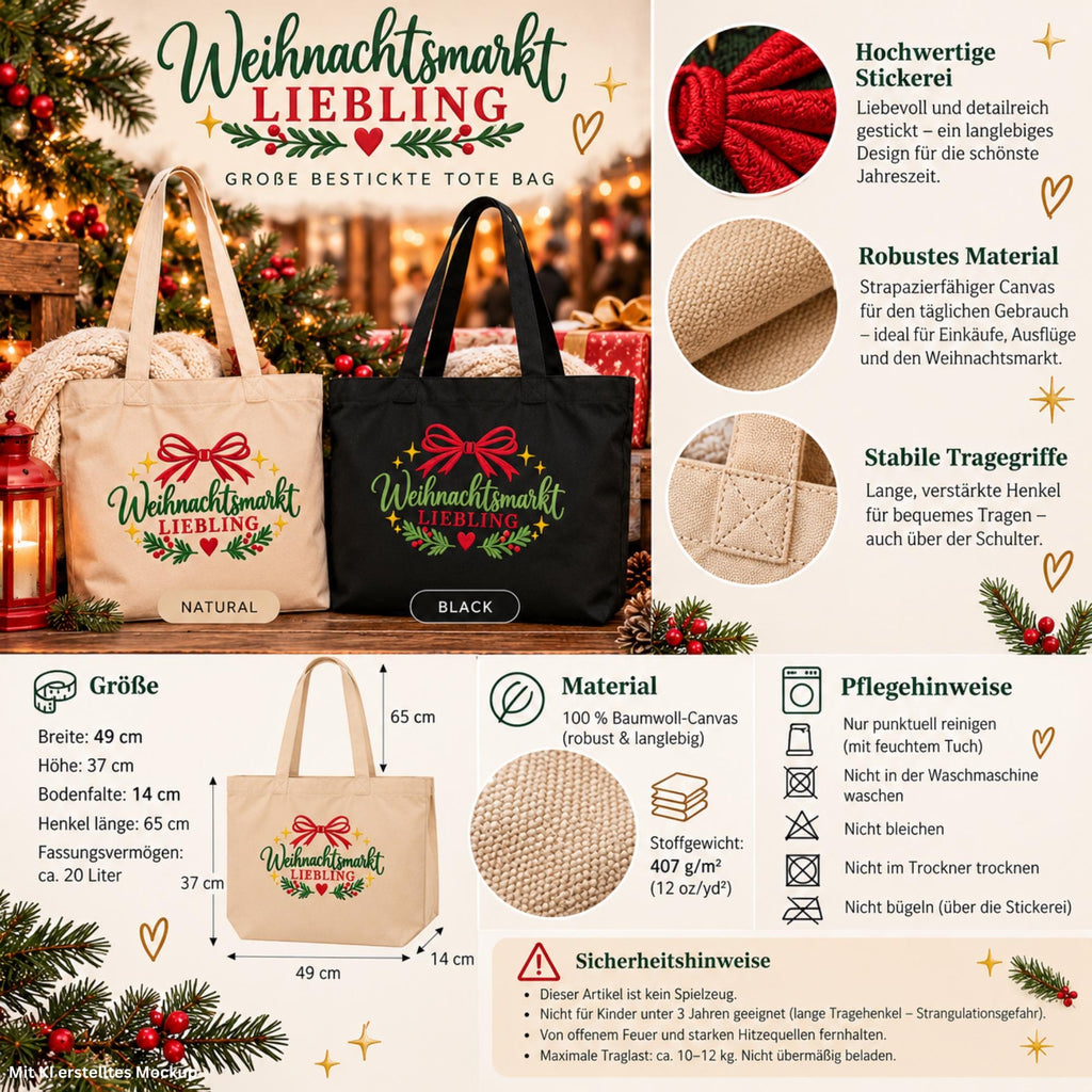 Weihnachtsmarkt Liebling Tasche bestickt | Große Bio Baumwolltasche | Weihnachtstasche | Geschenk für Weihnachtsmarkt Fans