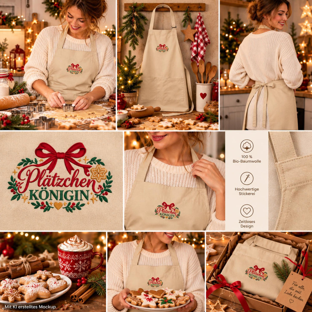 Plätzchen Königin Schürze bestickt | Weihnachtsschürze aus Bio Baumwolle | Backschürze Damen | Geschenk für Hobbybäckerin