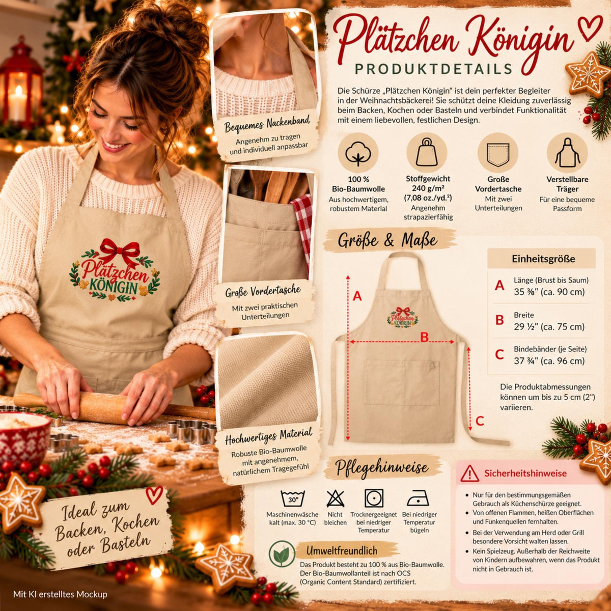 Plätzchen Königin Schürze bestickt | Weihnachtsschürze aus Bio Baumwolle | Backschürze Damen | Geschenk für Hobbybäckerin