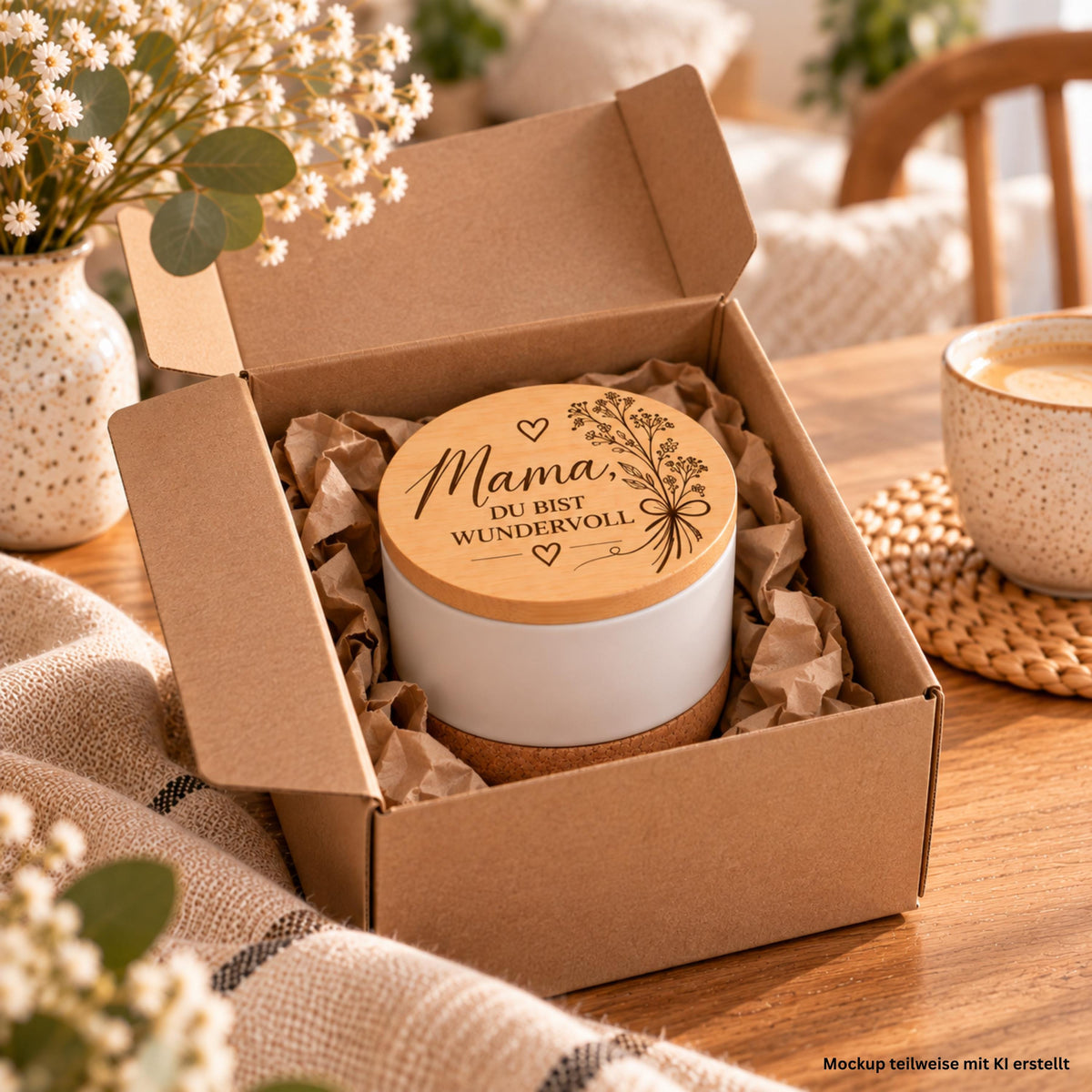 Duftkerze für Mama – Mama du bist wundervoll – Geschenk zum Muttertag, Geburtstag oder als kleines Dankeschön – Kerze mit Bambusdeckel