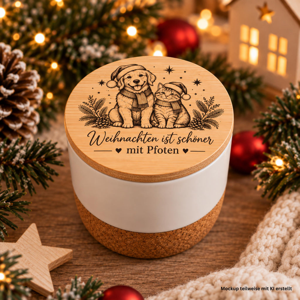 Weihnachtskerze für Hundeliebhaber & Katzenfreunde – Duftkerze in Keramik mit Bambusdeckel  – Geschenk für Tierbesitzer