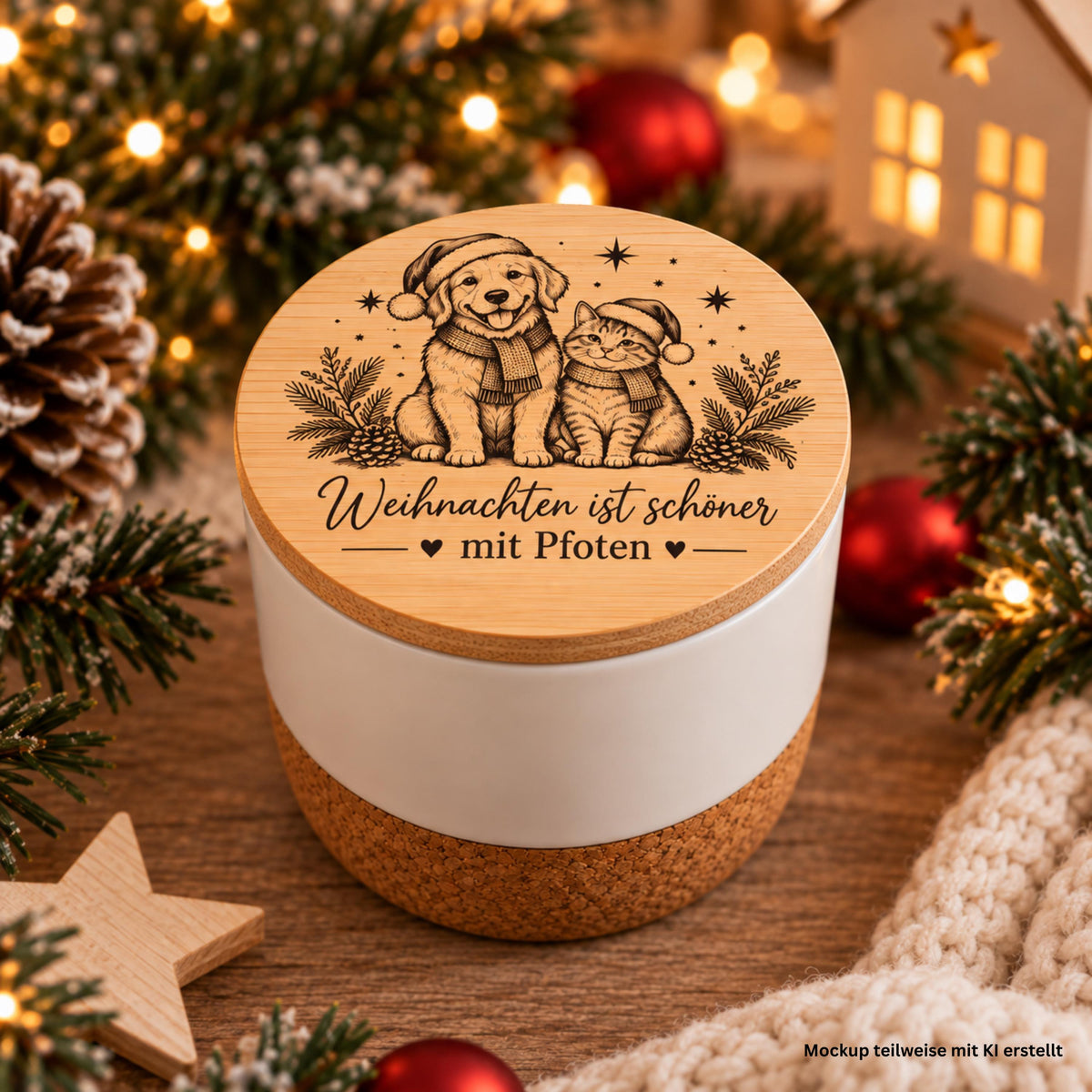 Weihnachtskerze für Hundeliebhaber & Katzenfreunde – Duftkerze in Keramik mit Bambusdeckel  – Geschenk für Tierbesitzer