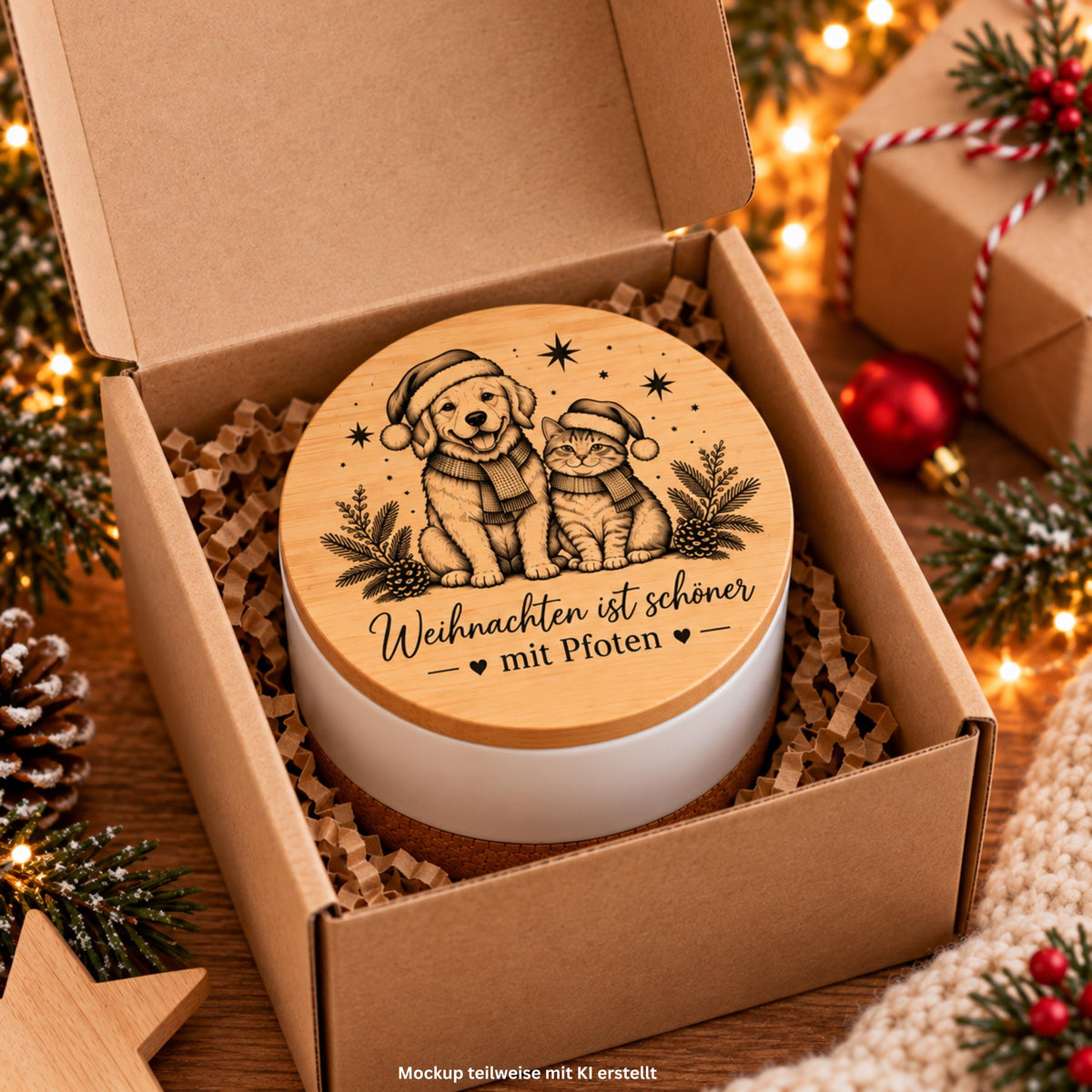 Weihnachtskerze für Hundeliebhaber & Katzenfreunde – Duftkerze in Keramik mit Bambusdeckel  – Geschenk für Tierbesitzer