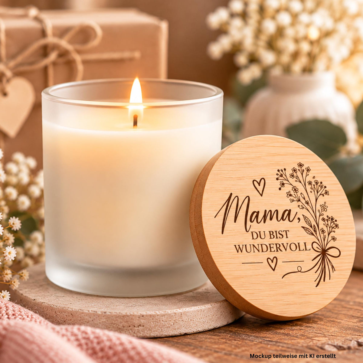 Duftkerze für Mama im Glas mit Vanilleduft, Naturwachs und Bambusdeckel. Ein besonderes Geschenk von Herzen.